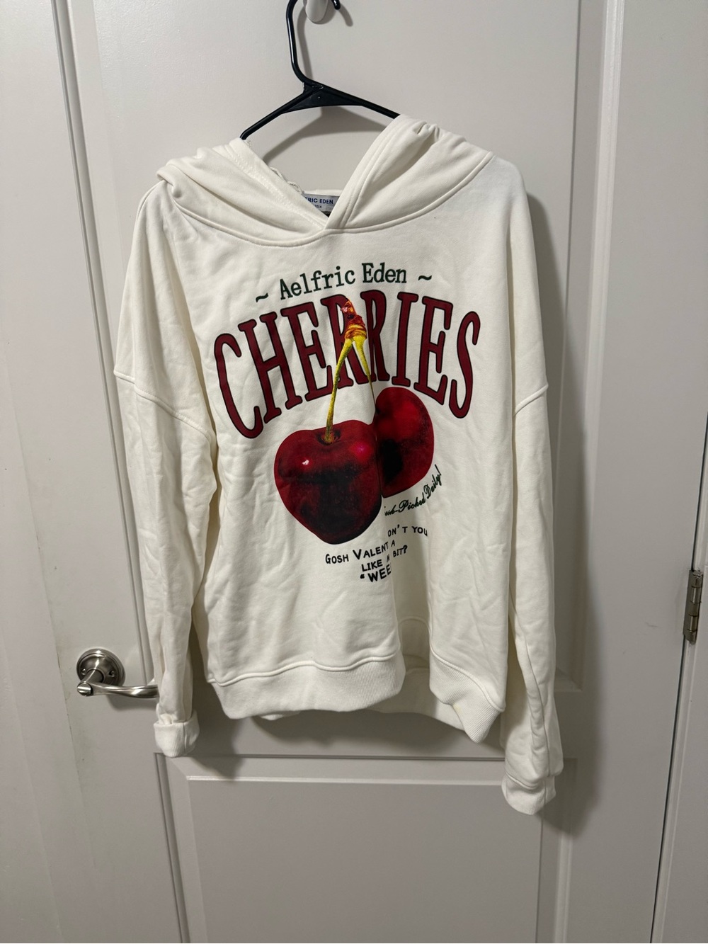 Aelfric Eden Cream Crewneck Hoodie with Red Cherry Graphic